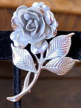 Vintage Brushed Sterling Silver Rose Pin BROOCH & Matching Screw Back EARRINGS